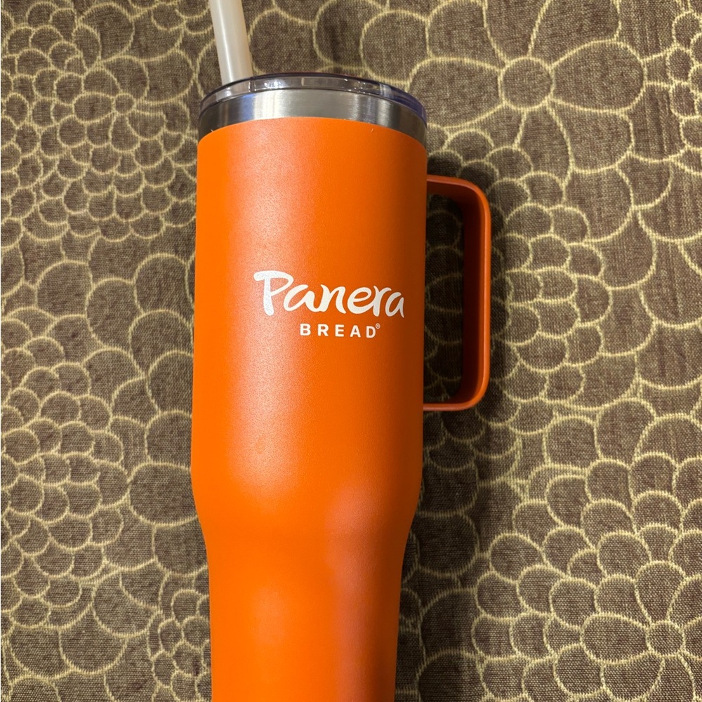 Panera Orange Tumbler with Handle/Straw